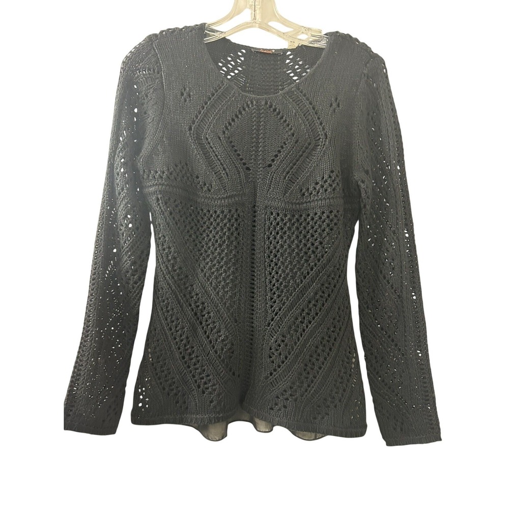 Dex Womens Black Open Knit Layered Sheer Hem Pointelle Sweater Size Medium